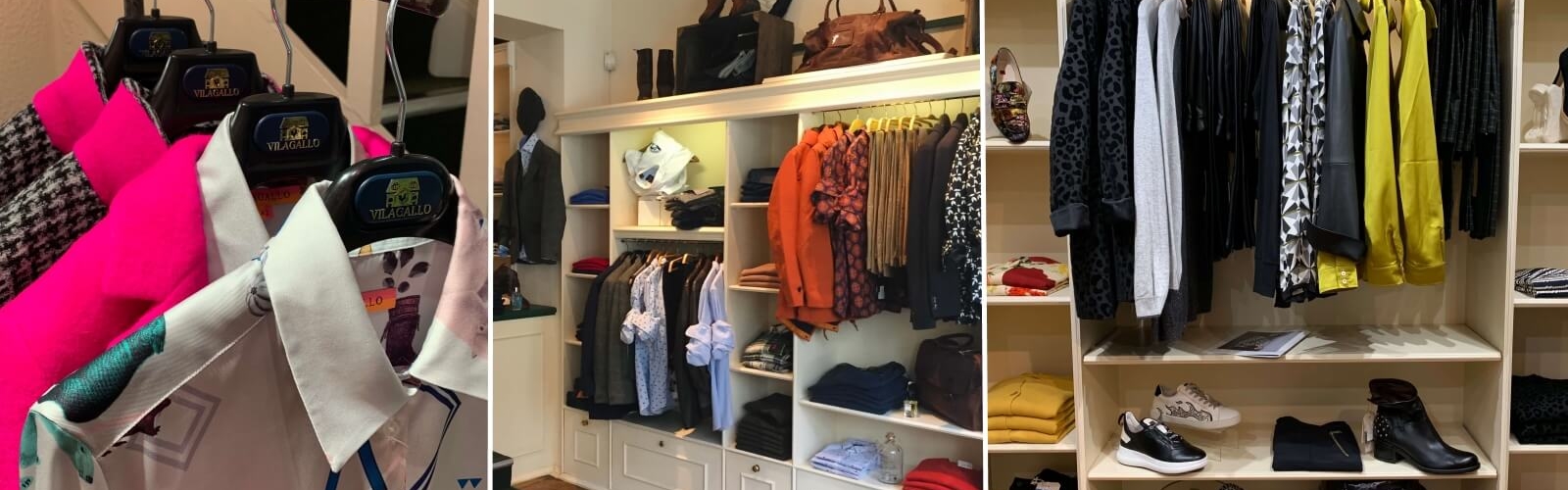 Interior of Leaf Clothing showing Vilagallo branded hangers and womenswear shelving